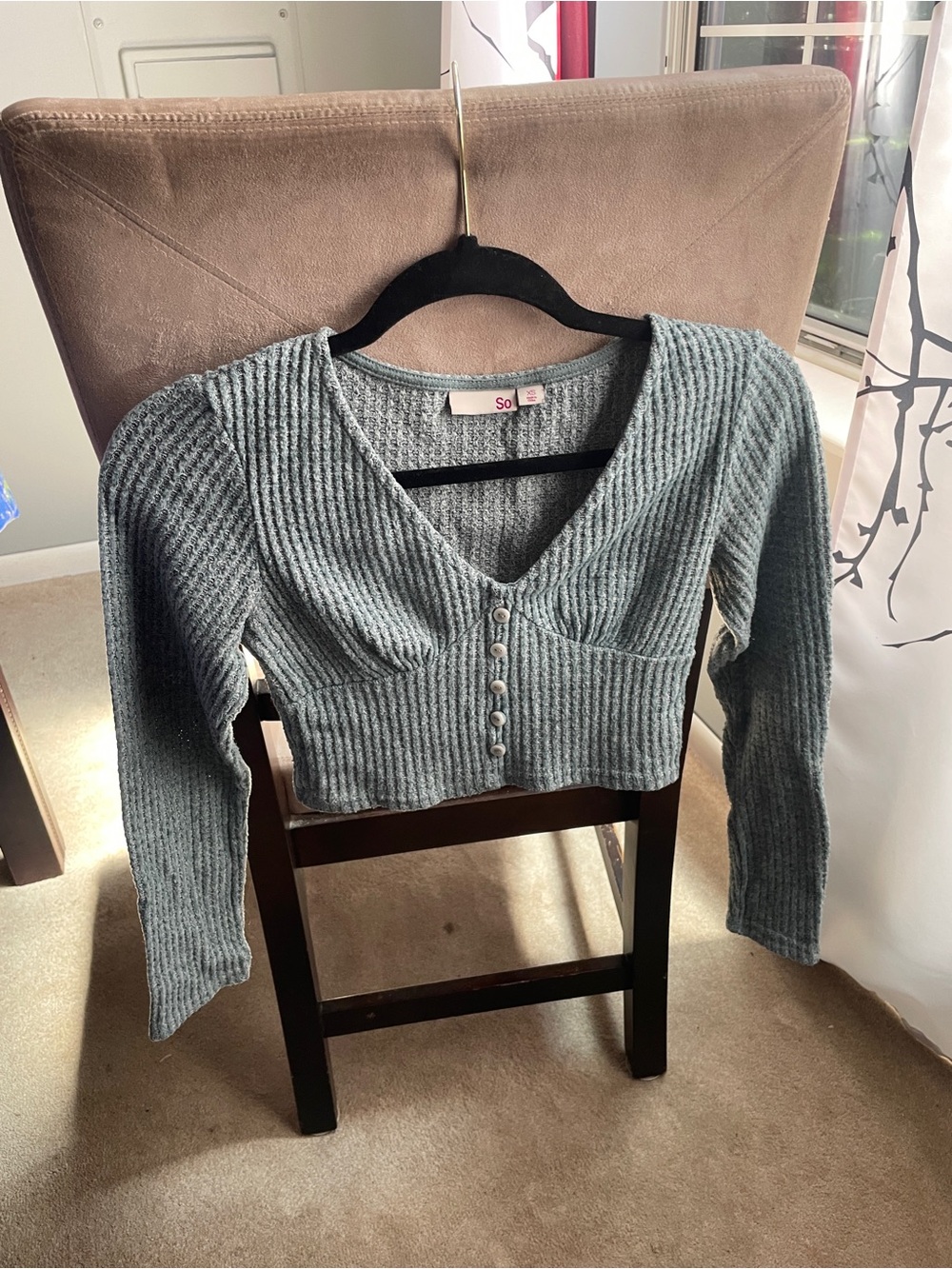 SO Light Blue Ribbed V-Neck Cropped Sweater